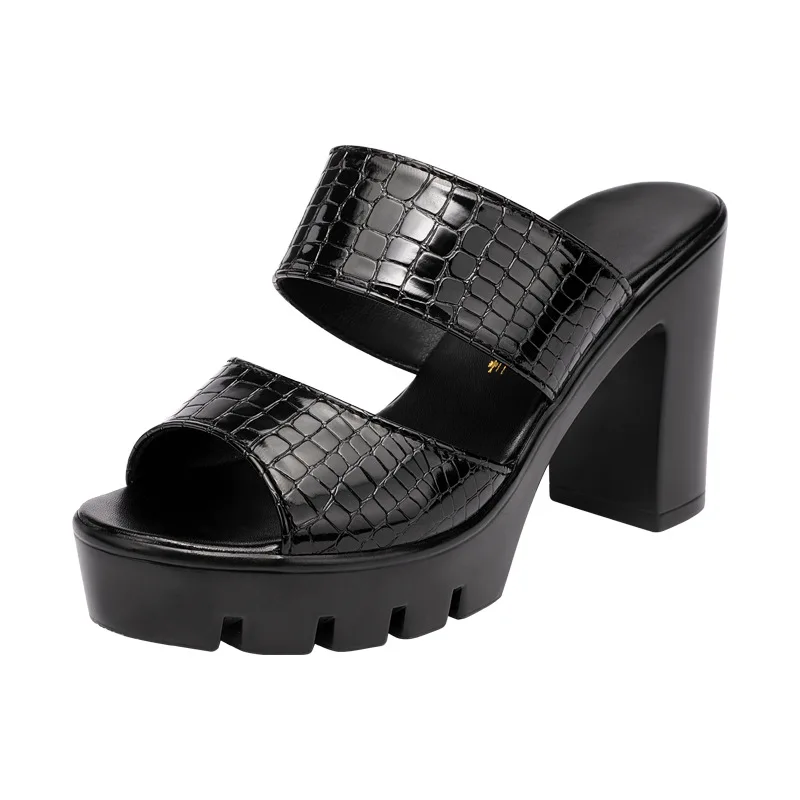 

Square heel House Slippers Platform Peep Toe Female Shoes Women Heels Big Size Slides Block 2021 Flat High Rubber Rome PU Patent