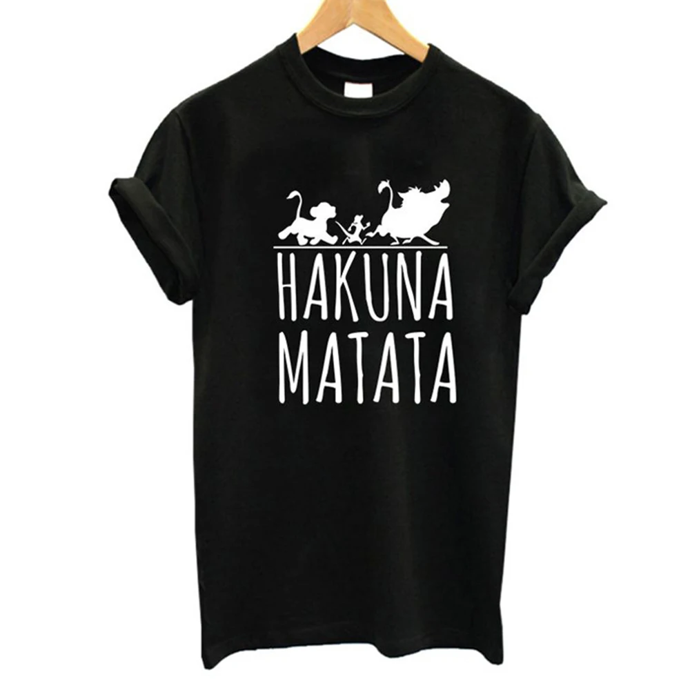 Эффектная женская футболка HAKUNA MATATA, летняя женская футболка, короткий рукав, принт с героями мультфильмов, белая, черная, милые футболки Harajuku
