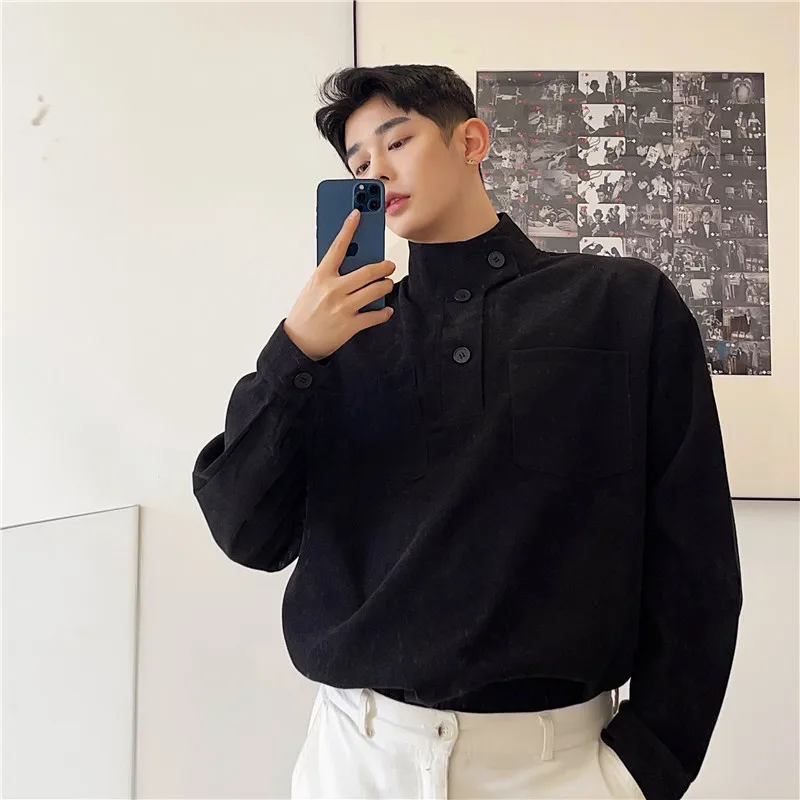 

Japan Harajuku Korean Style Male Vintage Fashion Black Whtie Shirt Men's Pullover Loose Casual Stand Collar Long Sleeve Shirt
