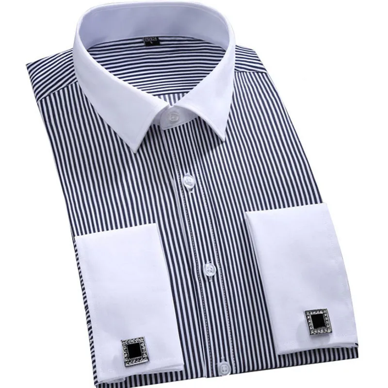M~6XL Men's Classic French Striped Dress Shirt Single Placket Formal Business Standard-fit Long Sleeve Office Work White Shirts