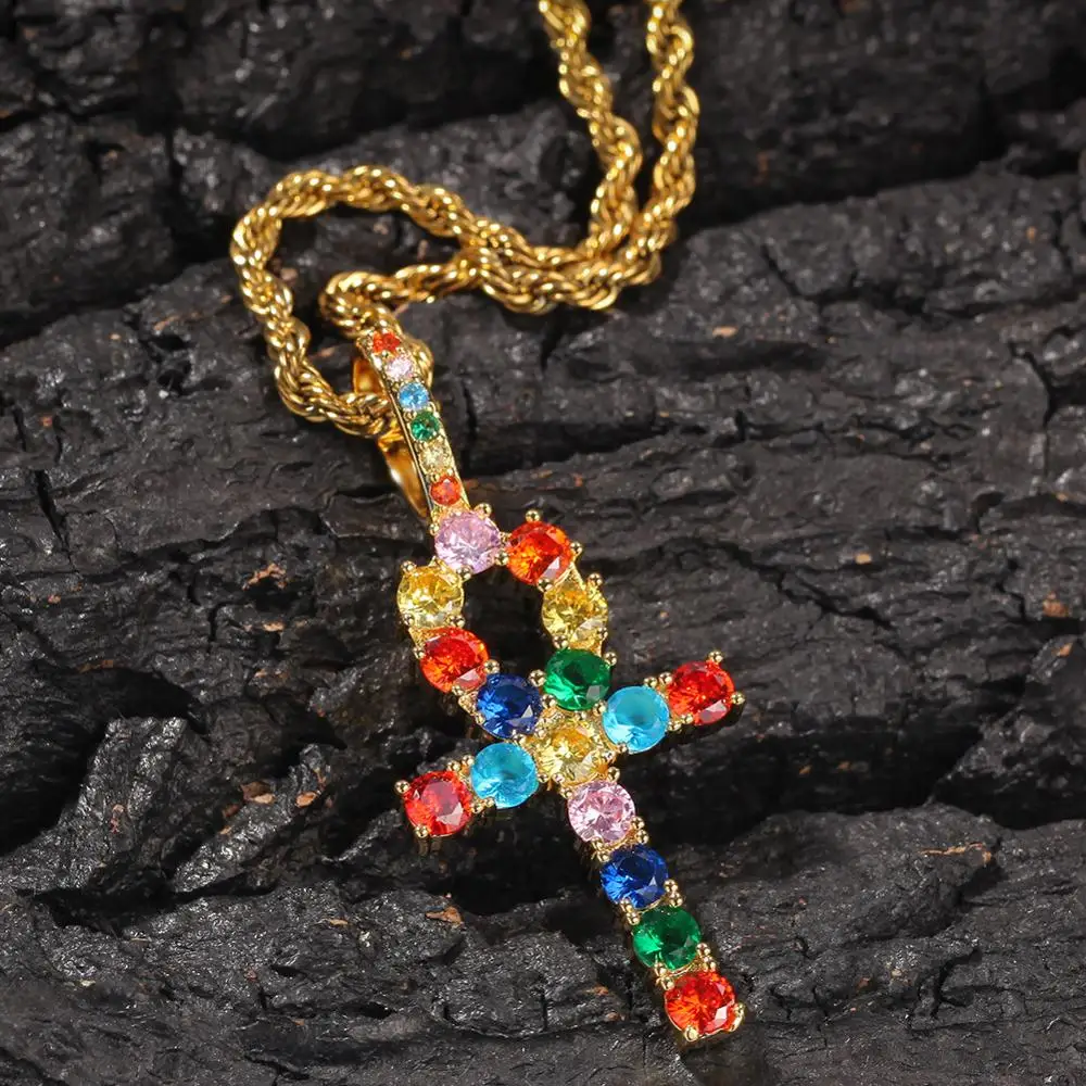 

Men/Women Hip hop Ankh cross Pendant Necklace multi color AAA Zircon vintage Hiphop iced out cross necklace fashion jewelry gift