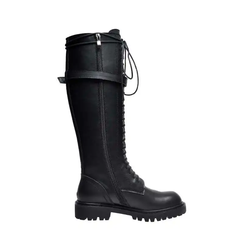 Beli Lenkisen Gaya Eropa Tampan Kulit Sapi Knight Boots Renda Up Hitam Warna Putaran Kaki Fashion Wanita Hangat Paha Tinggi Sepatu Bot L68