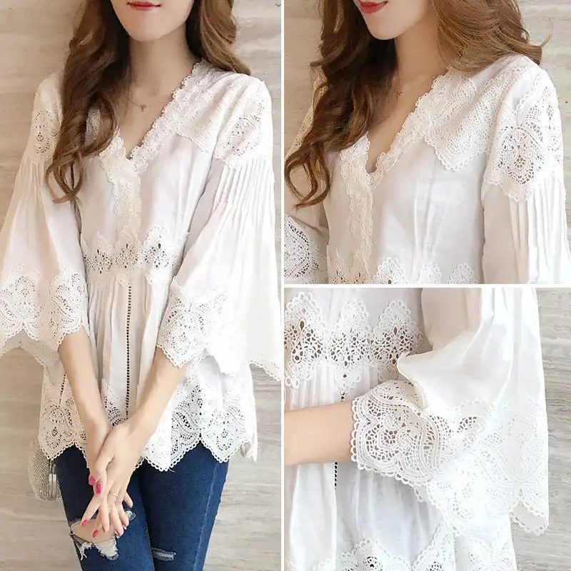

Spring Autumn New Arrival Ladies Sweet Ruffles V-Neck Fashion Lace Shirt Patchwork Hollow Out Women Blouses Casual Tops