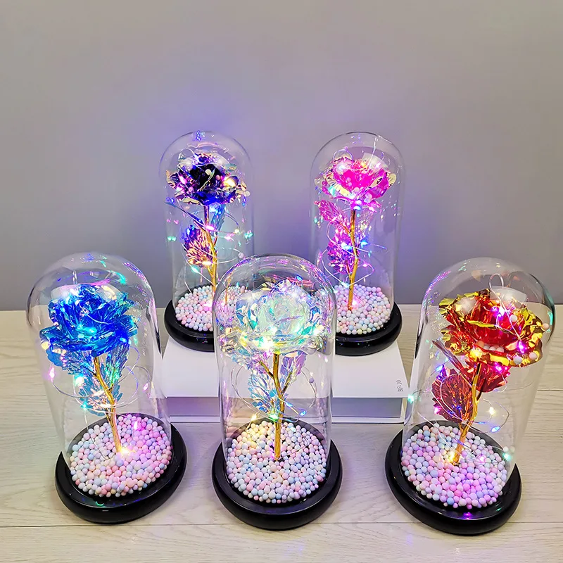 

Home Decor Artificial Flowers Valentine's Day Gift Wedding Rose Creative LED Light Gold Foil Rose In Glass Dome Party Ornament
