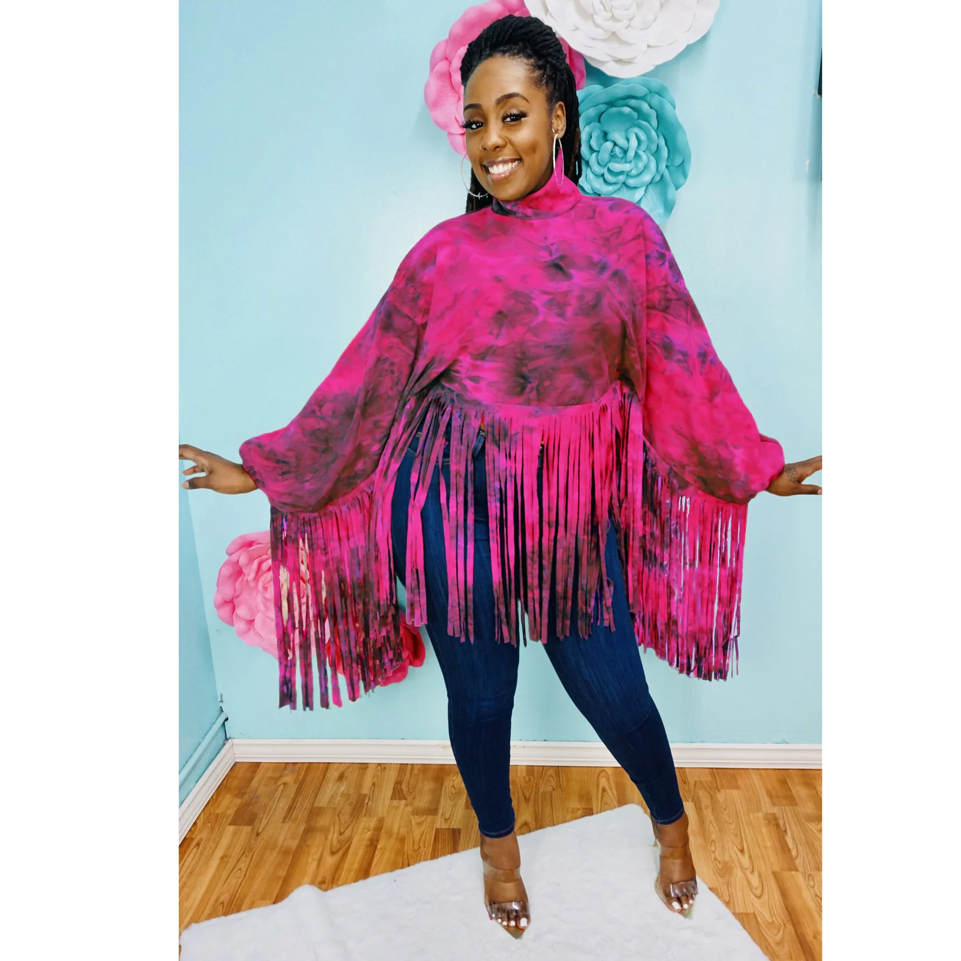 

Chocomist Tops Fashion Tie-dye Tassel Design Women Capes