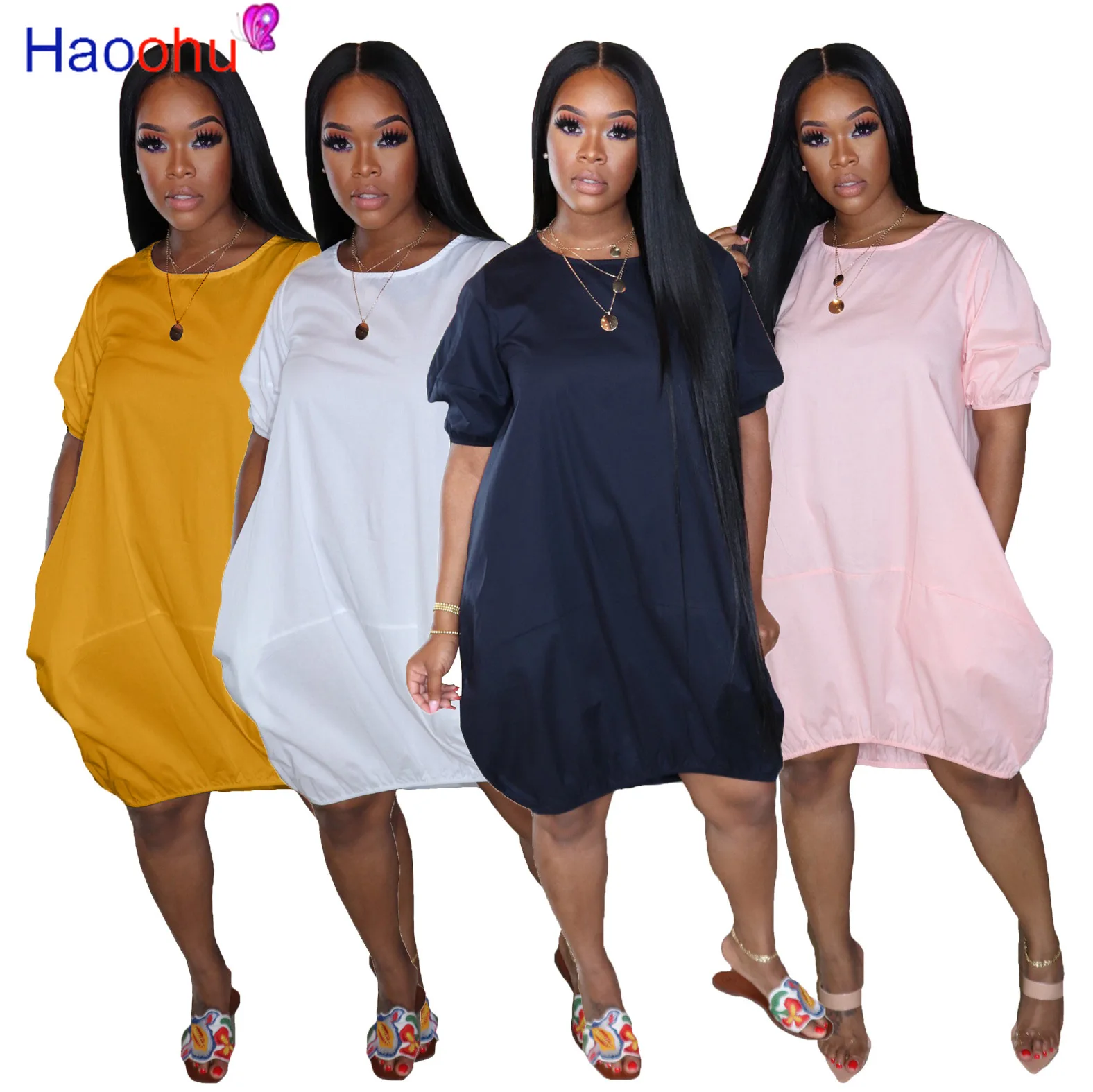 

HAOOHU Women Solid O-neck Short Sleeve Loose Casual Dress Sexy Party Club Bandage Knee Length Fashion Dresses