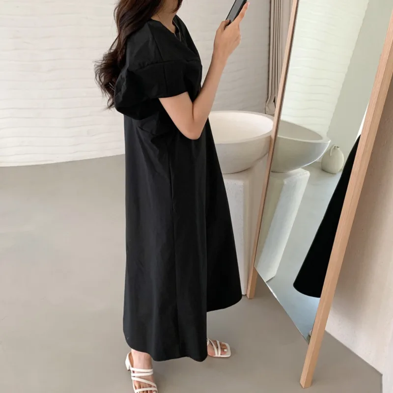 Женское Плиссированное длинное платье [EWQ] черное свободное с круглым вырезом и