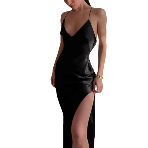 Платье-комбинация женское атласное на бретельках, пикантное вечернее шелковечерние с высоким разрезом, без рукавов, в винтажном стиле, черное, на лето