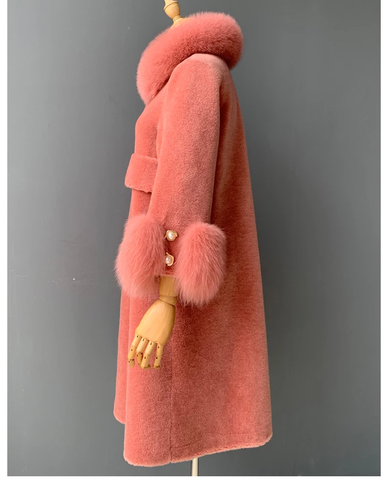 MAOMAOFUR/шерстяное пальто для женщин с натуральным лисьим меховым воротником и манжетами; теплая верхняя одежда для женщин; Новая модная длинная стильная куртка из натурального овечьего меха