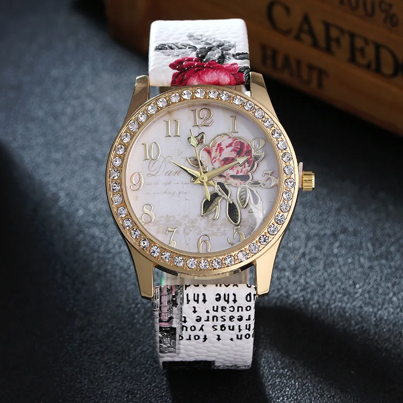 

Ladies watch with diamond-studded gold shell belt decoration fashion trend rose flower print strap ladies watch