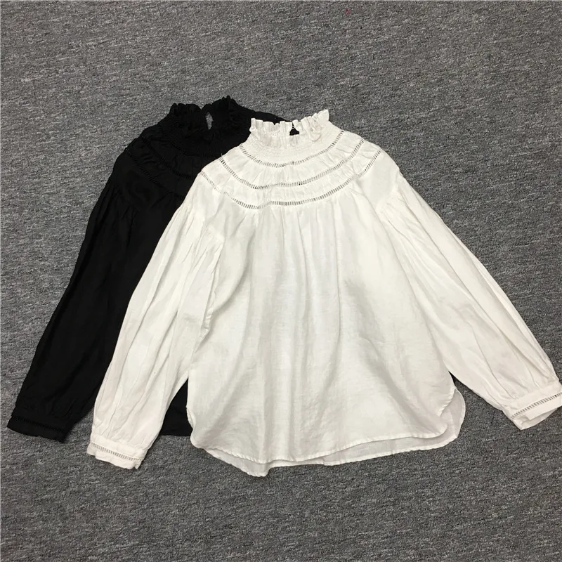 Elfwish белая черная льняная блузка с воротником стойкой оборками длинными рукавами