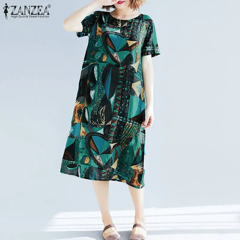 

2021 ZANZEA летнее винтажное платье миди с цветочным принтом, женский сарафан, богемное свободное платье с коротким рукавом, женское платье боль...