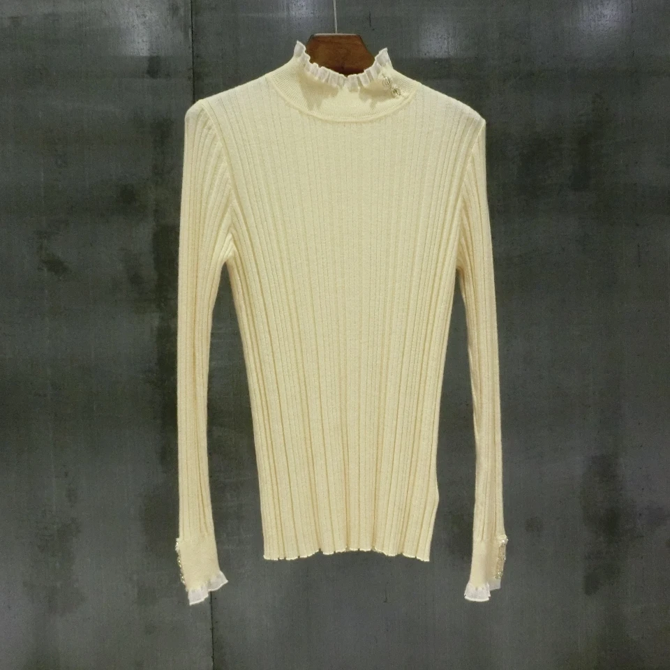 VOGGIN Women Sweaters Merino wool 80s style Ruffled collar Knitted Pullovers Diamond buttons Crewneck Base layer Tops 2020 | Женская