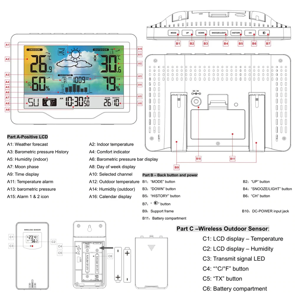 

Wireless Weather Station with Outdoor Sensor Digital Temperature Humidity Indoor Outdoor Color Screen Weather Forecast Station