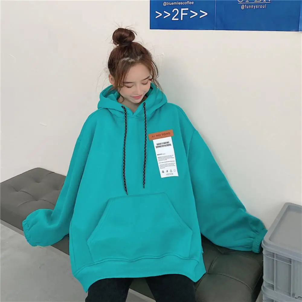 Women Autumn Long Sleeve Solid Color Oversize Plush Thick Warm Hoodie Sweatshirt