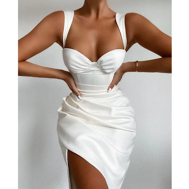 DGIRL White Long Dress Women Winter Sexy Backless Spaghetti Strap Ruched Slip Midi Sundresses 2020 Ladies Pleated Clothes|Женские