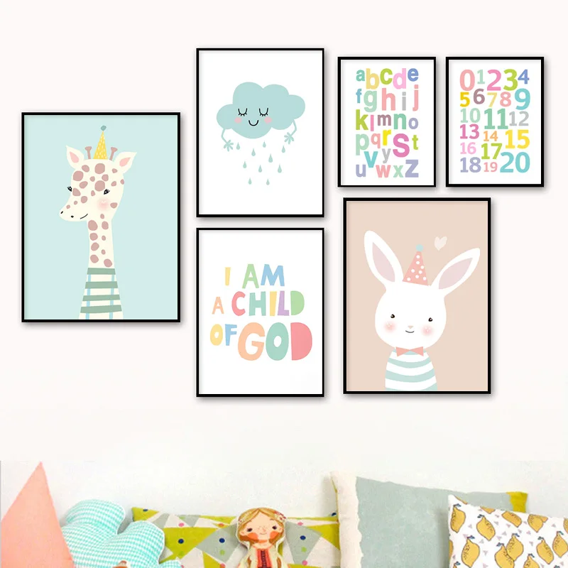 Алфавит на холсте в скандинавском стиле картина с животными из мультфильмов