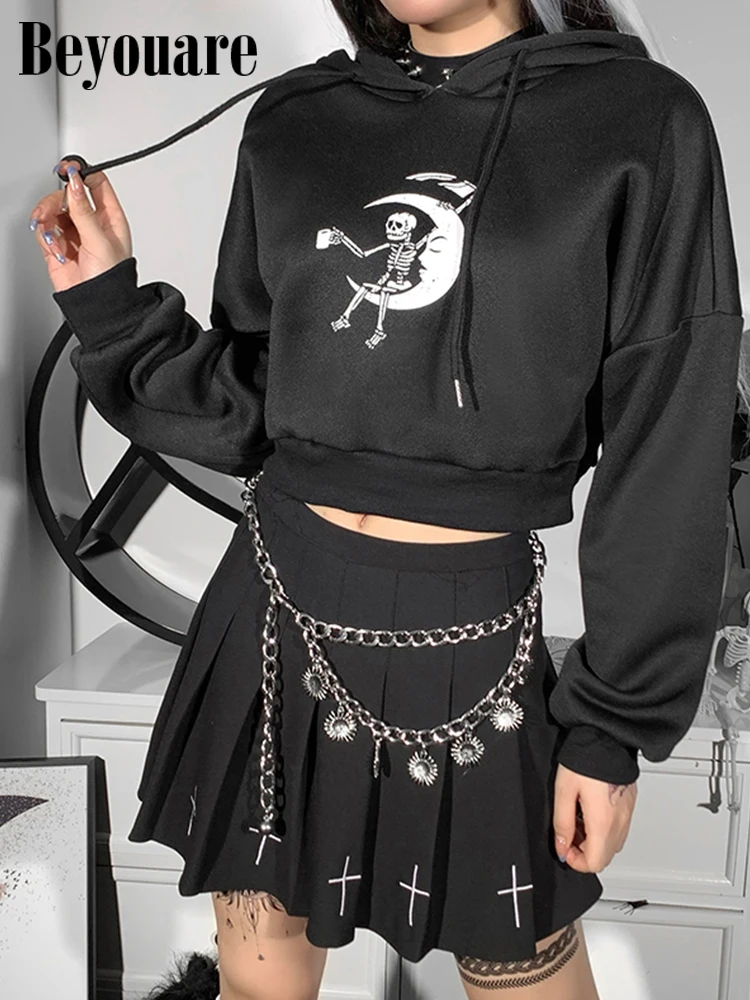 

Женский Укороченный свитшот Beyouare, готический свитшот с принтом скелета и длинным рукавом, Повседневная Уличная одежда в стиле Харадзюку, ос...