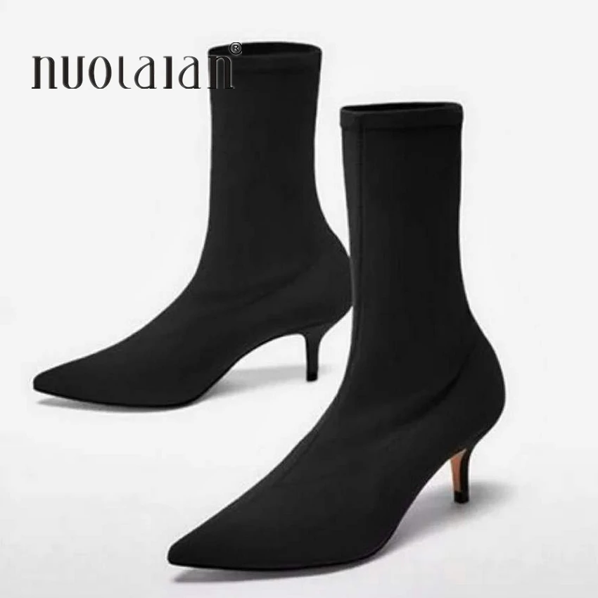 

2019 Autumn Women Sock Boots Stretch Fabric Slip On 6CM High Heels Pointed Toe Ankle Boots Women Pumps Stiletto Ladies Shoes