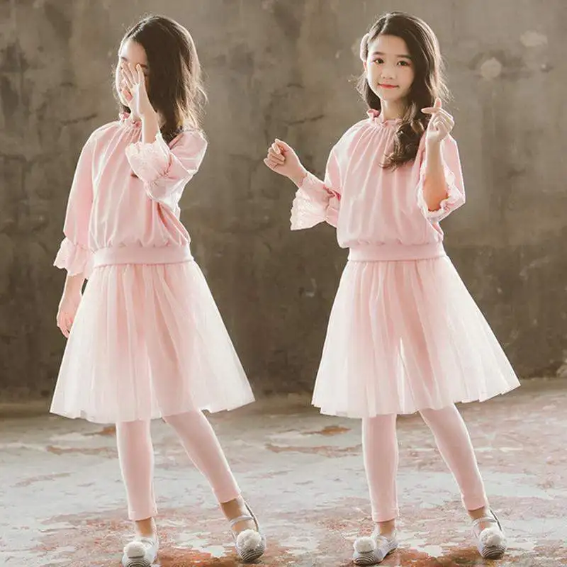 

New Soft Pink Spring Autumn Teens Children Clothes Baby Girls Suit Blouse + Dress Kids Toddler Outwear High Quality