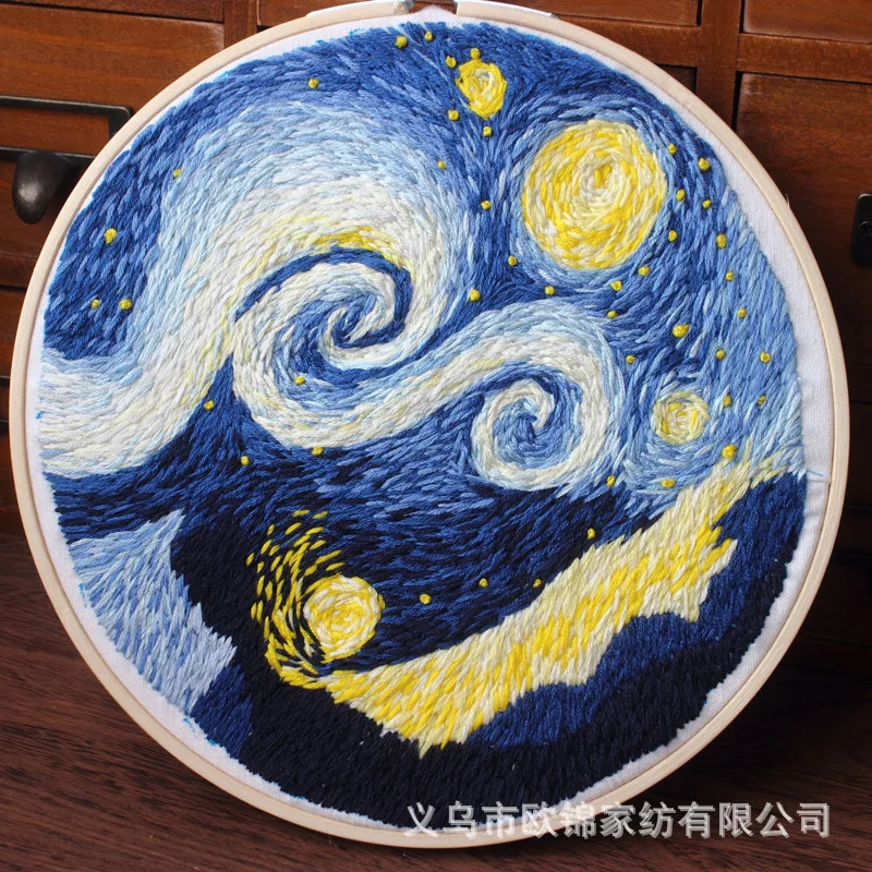 

Van Gogh's Starry Sky Diy Hand-embroidered Material Package Needle Thread Suit Scenery Starry Sky Ocean Waves Embroidered Cloth