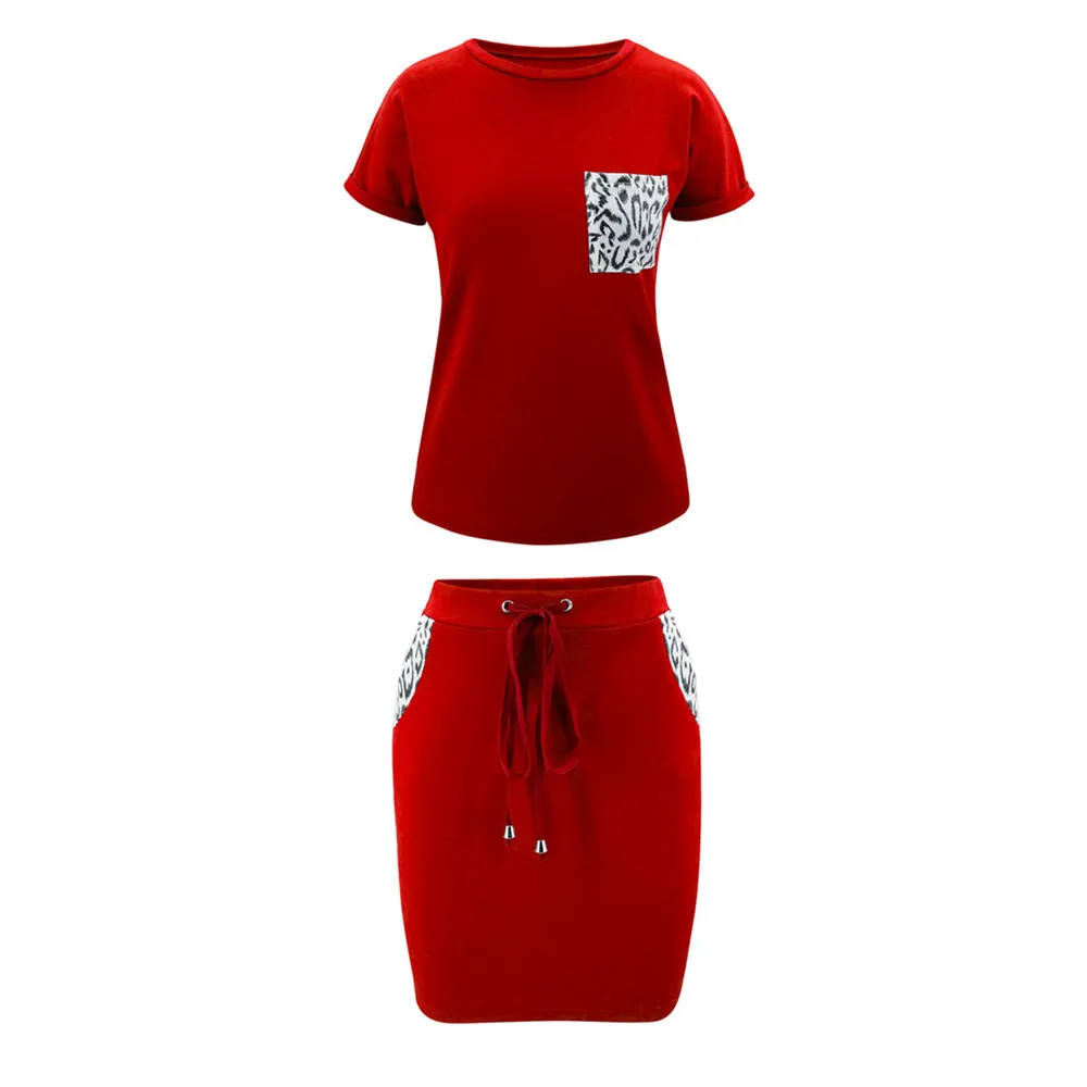 

Summer Women Sets 2020 Sexy Solid Color Pocket Strap Short Sleeve Suit Leopard Stitching Short Sleeve Tshirt And Mini Skirt Sets