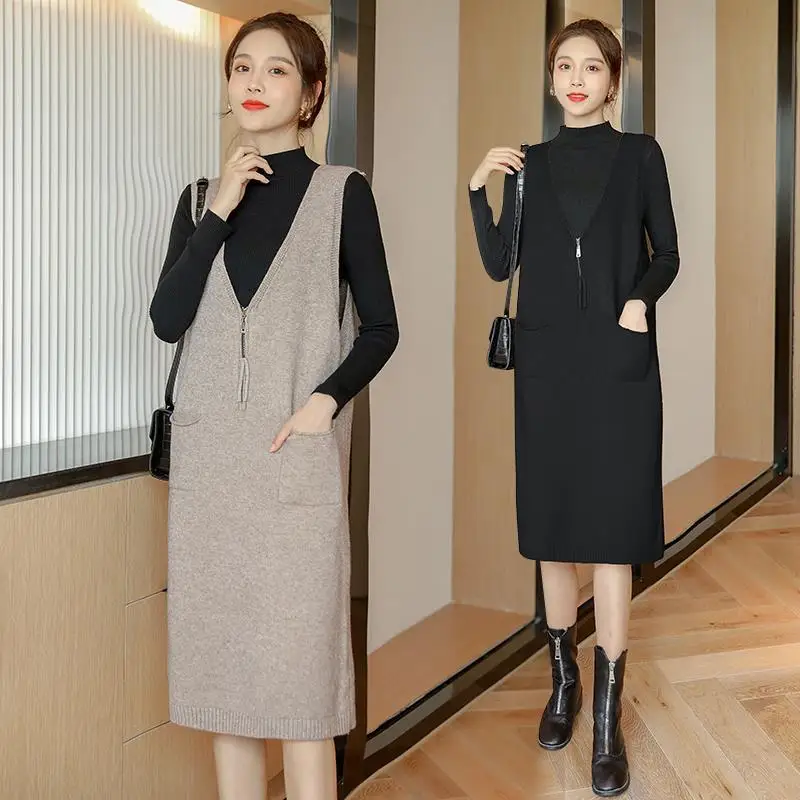 Зима 2021 женское повседневное прямое Платье-Свитер оверсайз без рукавов плотное