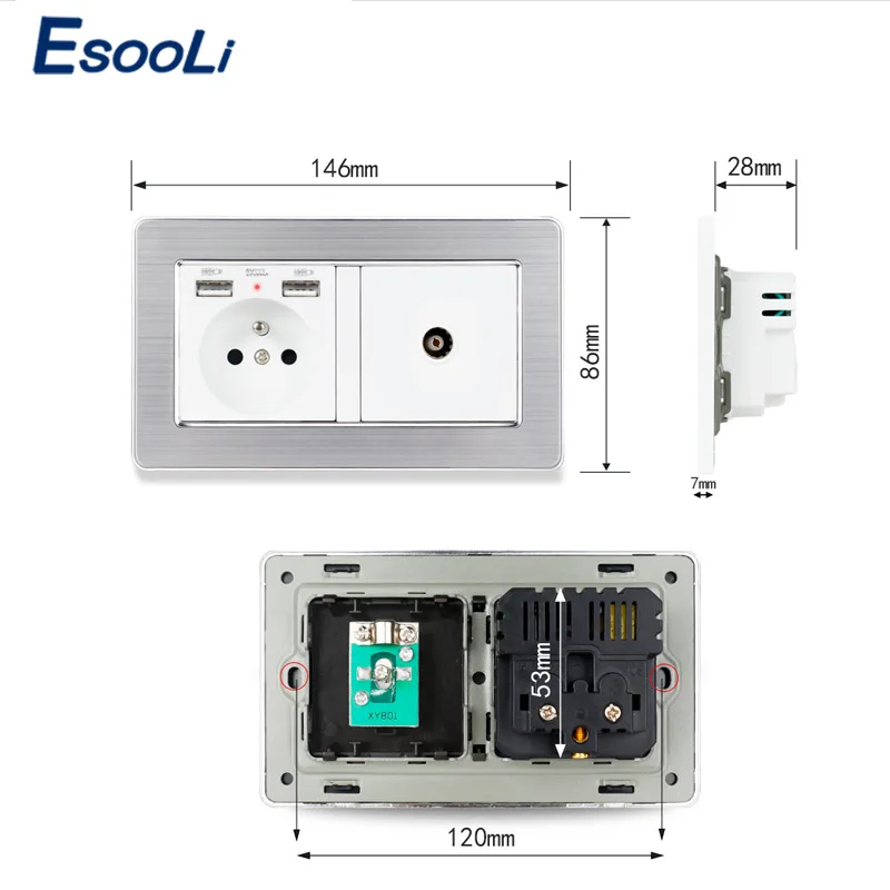 Электрическая розетка ESOOLI настенная двойная из нержавеющей стали 16 А с USB-портом