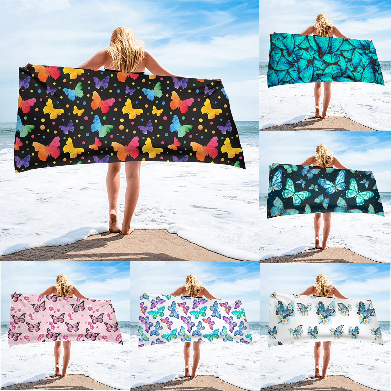 

Микрофибра пляжное полотенце разноцветный рисунок с изображением бабочек 3D принт для плавания и серфинга; Водолазная поглощения пончо оте...
