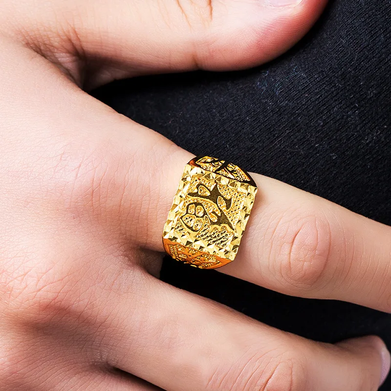 

OMHXFC RI192 Jewelry Wholesale European Fashion Fine Man Party Birthday Wedding Gift FU FA Chinese Words Square 24KT Gold Ring