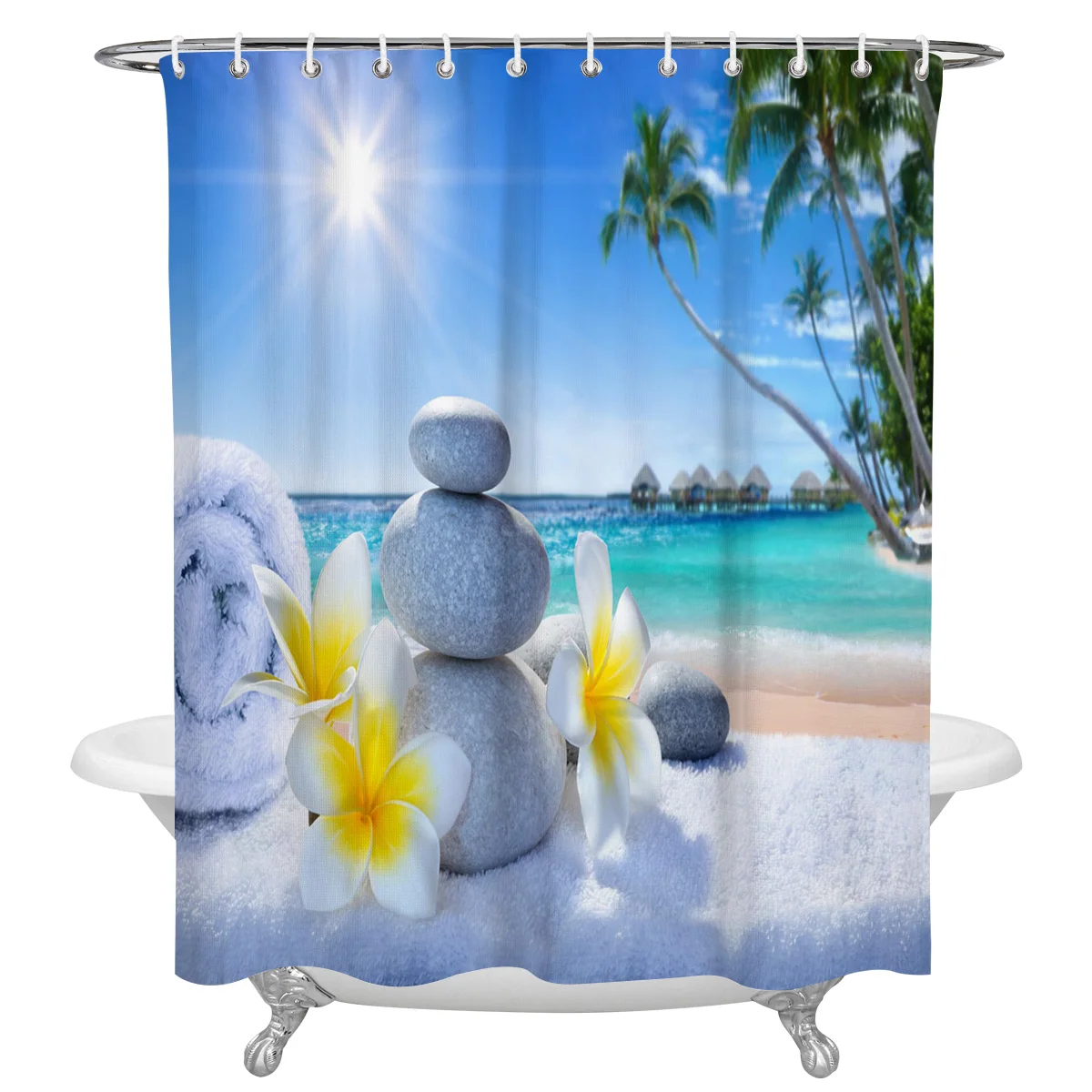 

Tropical Beach Flowers Stones Shower Curtain Polyester Fabric Waterproof Shower Curtains Modern Bathroom Curtain