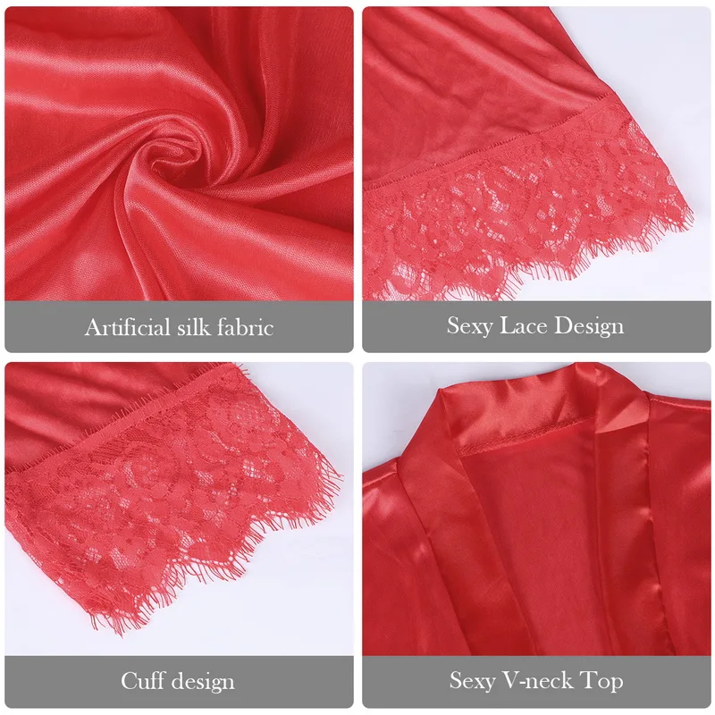 

Sexy Lace Satin Sleepwear Women Ladies Night Dress Lingerie Nighties V-neck Nightdress Lace Up Loose Nightgown Plus Size Robe