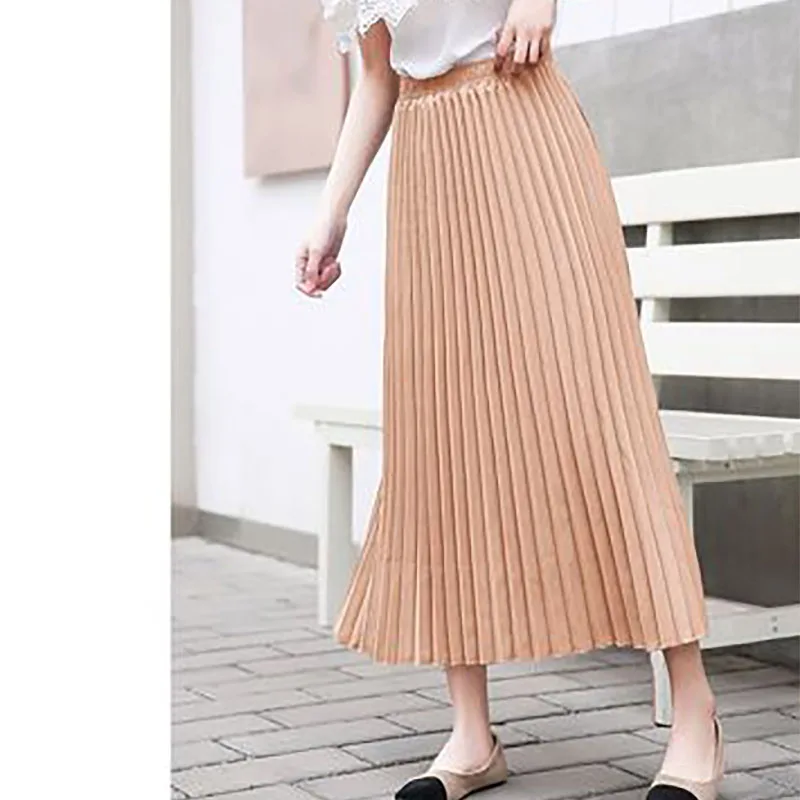 

Pleated Long Skirt Women Korean Style Fall Elastic Waist Skirt Casual Loose Office Lady Clothes Straight Bottoms Midi Skirt 2021