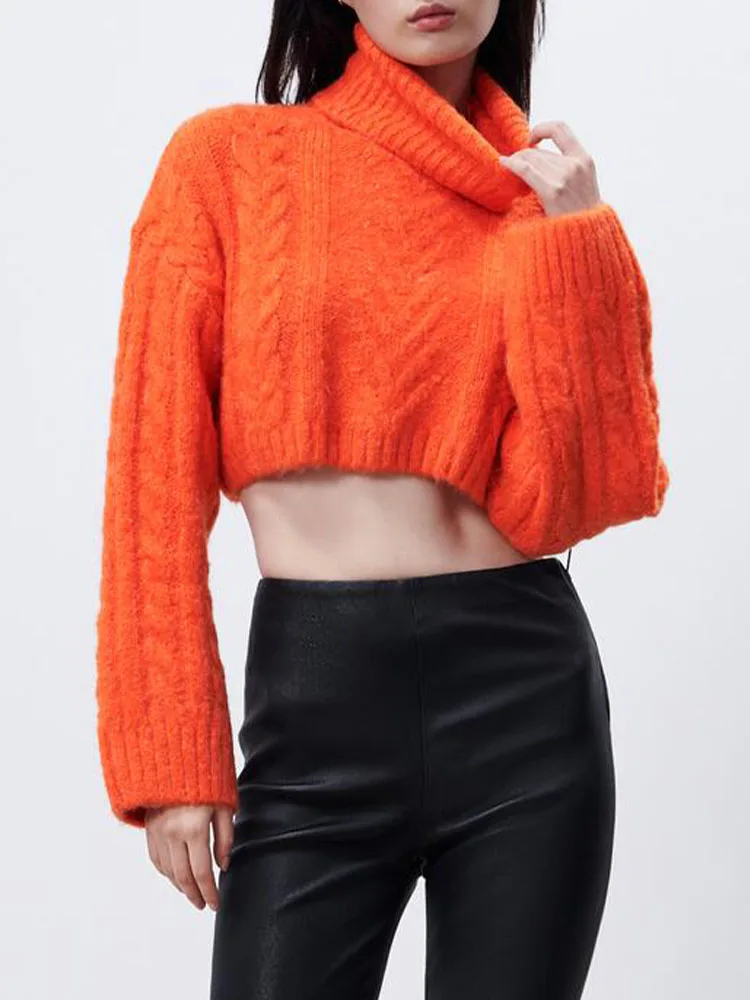 

Женский трикотажный короткий пуловер ZA, милый свитер с длинными рукавами и воротником-стойкой в уличном стиле, Осень-зима