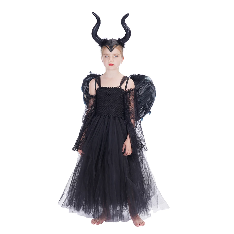 Maleficent Halloween Evil Queen Costume Kids Girl Witch 2 Tutu Dress with Horns Fairy Children Clothes 2-12T for Girl Kids Party