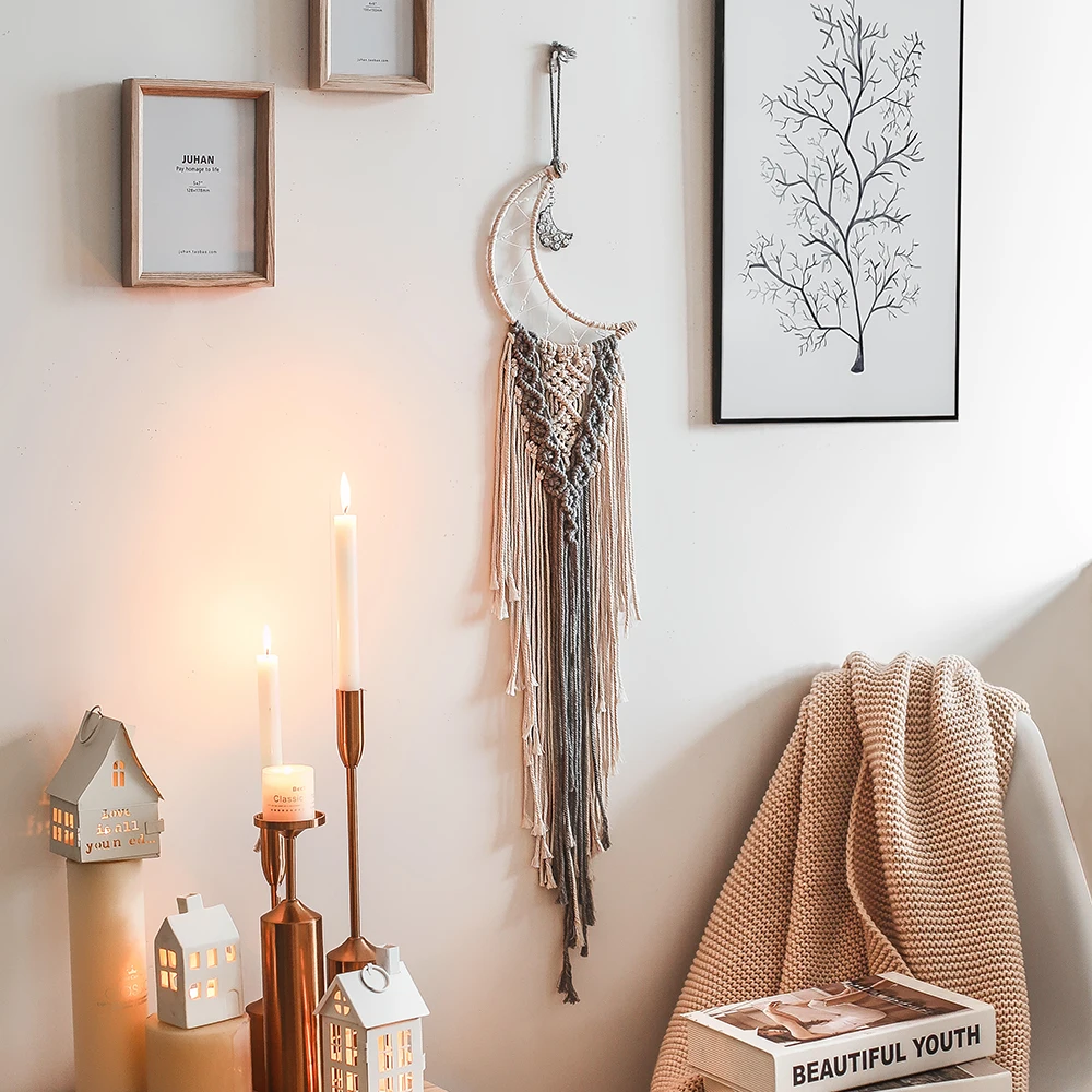 

Nordic Grey Moon Macrame Tapestry Wall Hanging Bohemian Floral Mandala Indian Dream Catcher Wall Boho Decor Kids Room Decoration