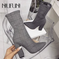 niufuni 2022 stripes plaid sexy elastic ankle boots for women shoes pointed toe square heels botas de mujer zipper chelsea boots