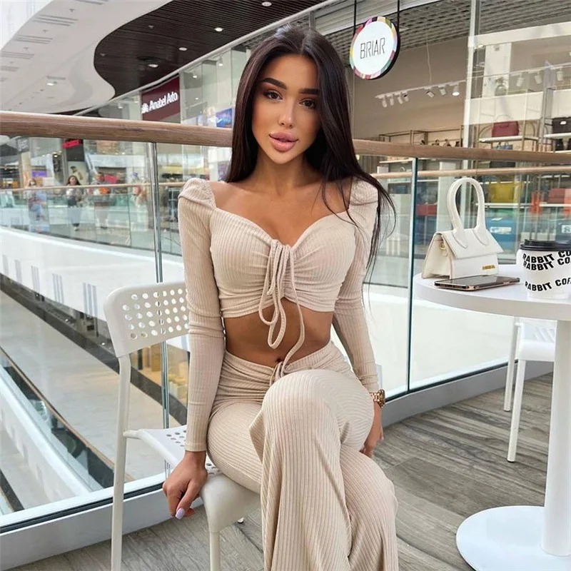 

Street Style Two Piece Set Women Herfst Knitted Bandage Drawstring Long Sleeve Top+Solid Sheath High Waist Slim Trousers