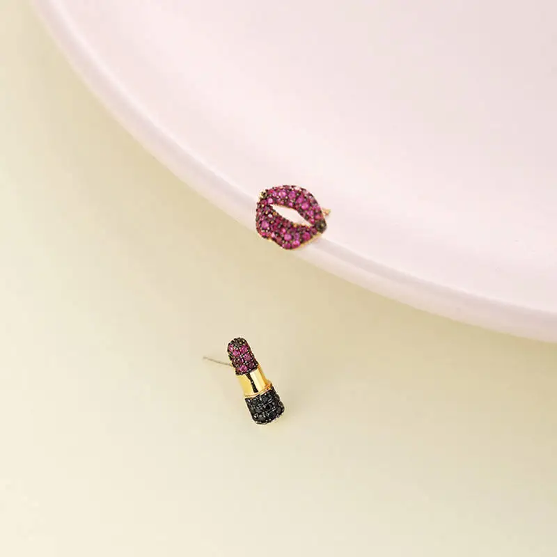 

PONYKISS Genuine S925 Sterling Silver Lips and lipstick Zircon Stud Earrings For Women Party Delicate Elegant Accessory Gift