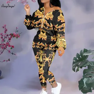 Noisydesigns, роскошные женские комплекты, брюки и топ, повседневные, с золотым цветочным узором, для девушек, 2 шт., 2021 размера плюс, 4XL, осенняя Прямая поставка