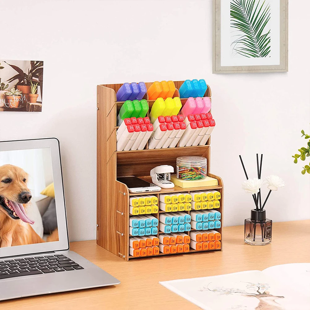 

Wooden Pencil Holder Desktop Multi-Functional Stationary Organizer Pen Supplies Box For Home Office School Supply Storage Rack