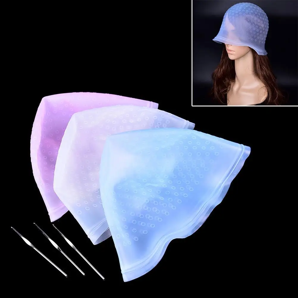 Professional Silicone Reusable Hair Colouring Highlighting Dye Cap Frosting Tipping With Needle Transparent Hair Dyeing Cap Tool