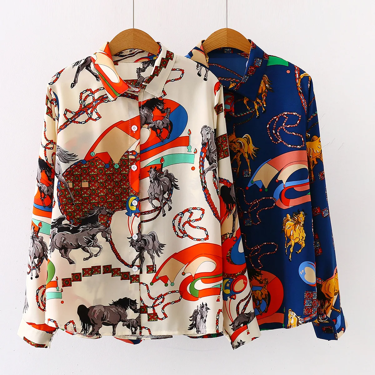 

2021 Autumn Oversized Women Blouse Casual Loose Long Sleeve Horse Print Lapel Vintage Plus Size S-5XL Button Shirts Fall Tops