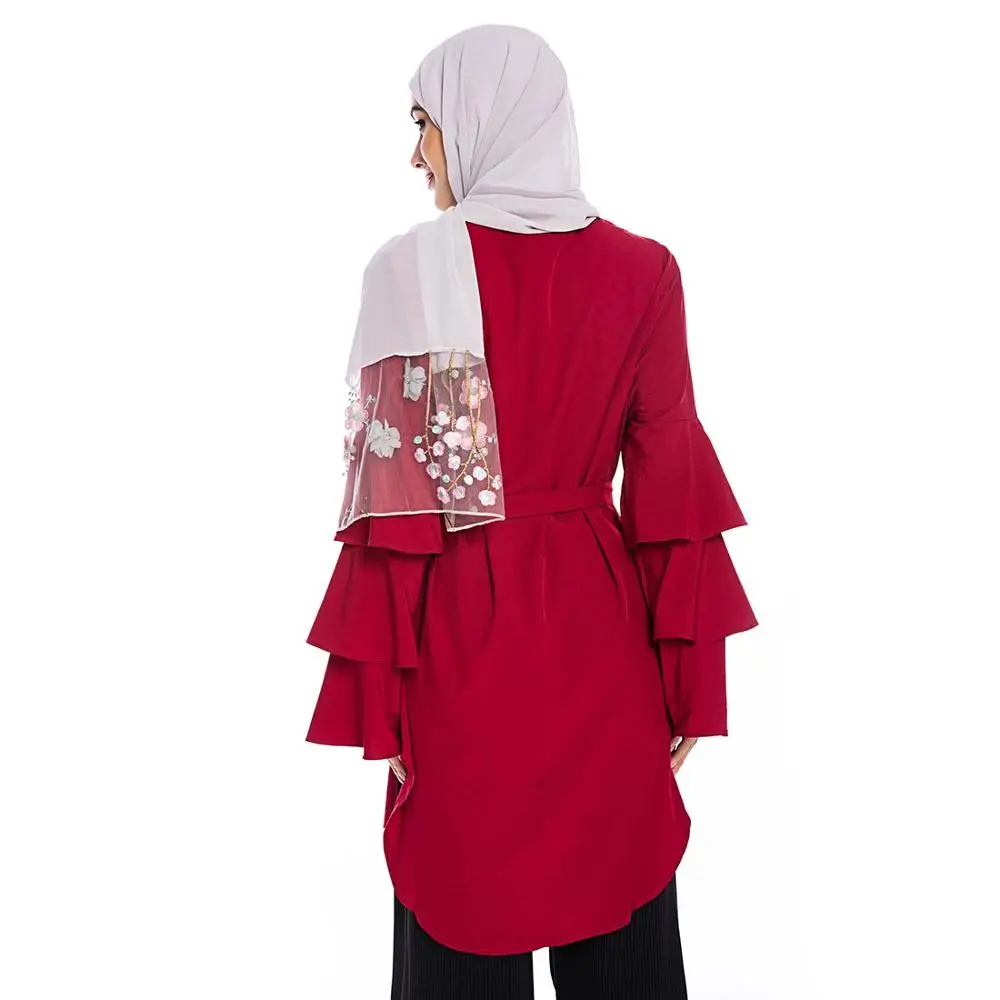 Длинные рубашки мусульманская женская мода рукав-лепесток одежда Оман Дубай