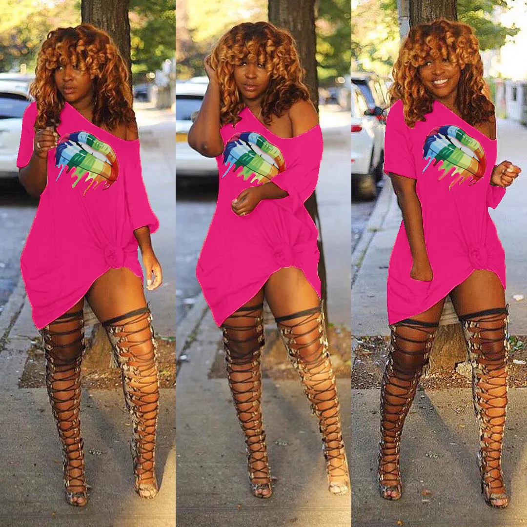 

43M6162 Summer Women Casual Solid Loose Dress Color Lips Print Vestidos Plus Size