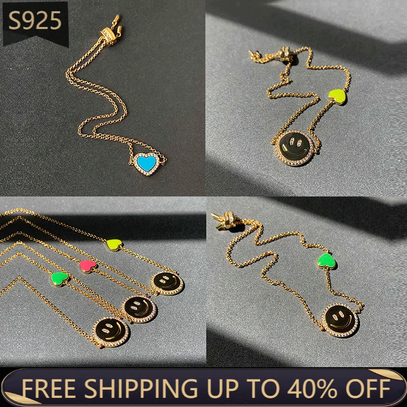 

925 Sterling Silver Bracelets June New Product Enamel Smiley Heart Shape Micro Inlay Monaco Jewelry Conform Girl Earring Gift