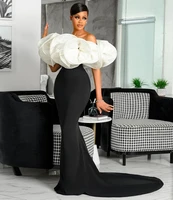 2021 elegant black and white evening dresses aso ebi style mermaid shape with train puffy ruffles strapless robes de soiree