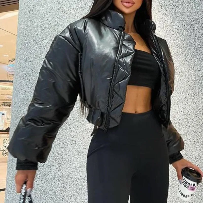 

Ladies Parka Coat Thicken Warm Retro Harajuku Stand Collar Casual Simple Design Leather Jacket Winter 2021