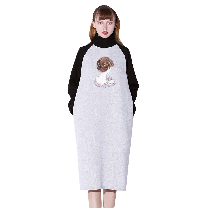 

New women's casual over the knee Korean medium length splicing long sleeve A-line dress o-neck loose dress SS1013