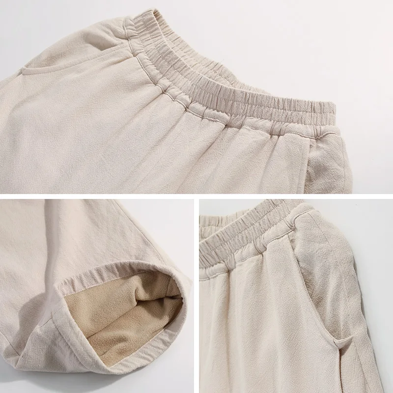 

Hisenky Winter Elastic Waist Pants Women Fleece Lining Pants Long Thick Warm Trousers Vintage Pants with Pockets